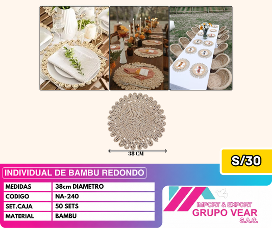 INDIVIDUAL DE BAMBU REDONDO (50 SETS)
