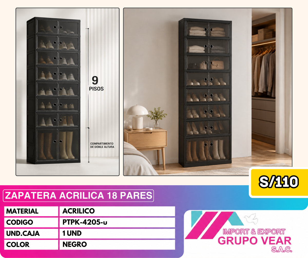 ZAPATERA ACRÍLICA 18 PARES COLOR NEGRO