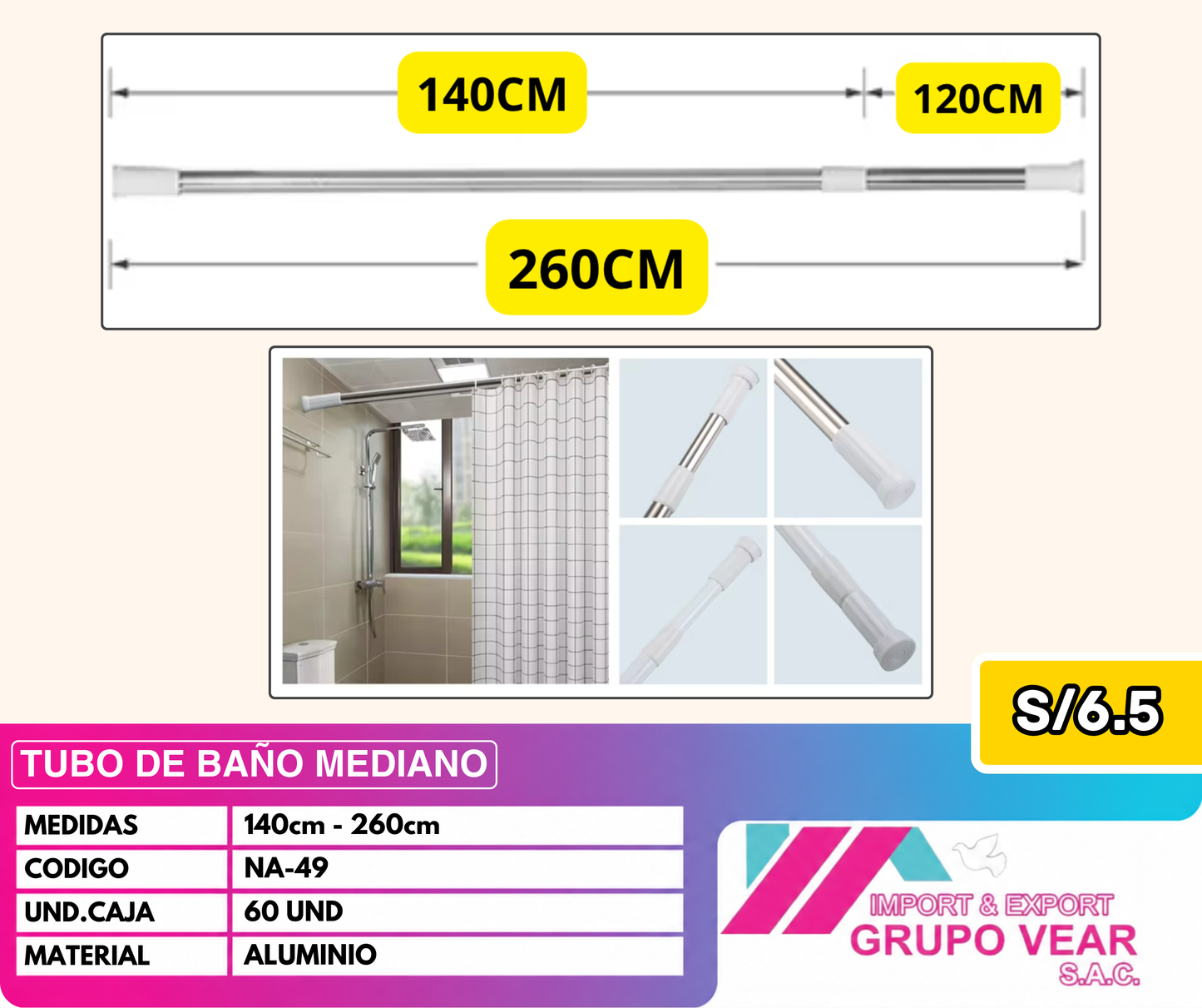 TUBO DE BAÑO 140CM A 260CM (60 UNIDADES)