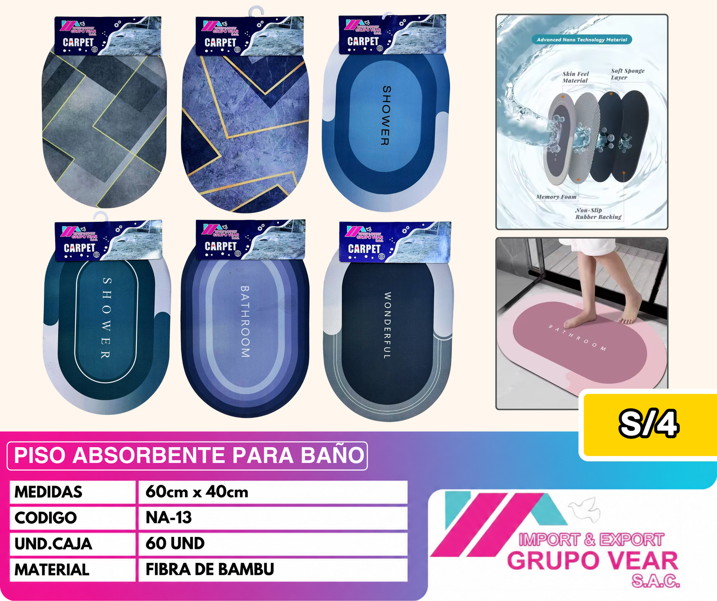 TAPETE ABSORBENTE PARA BAÑO "A" (60 UNIDADES)