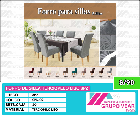 FORRO DE SILLA TERCIOPELO LISO 8PZ (20SETS)