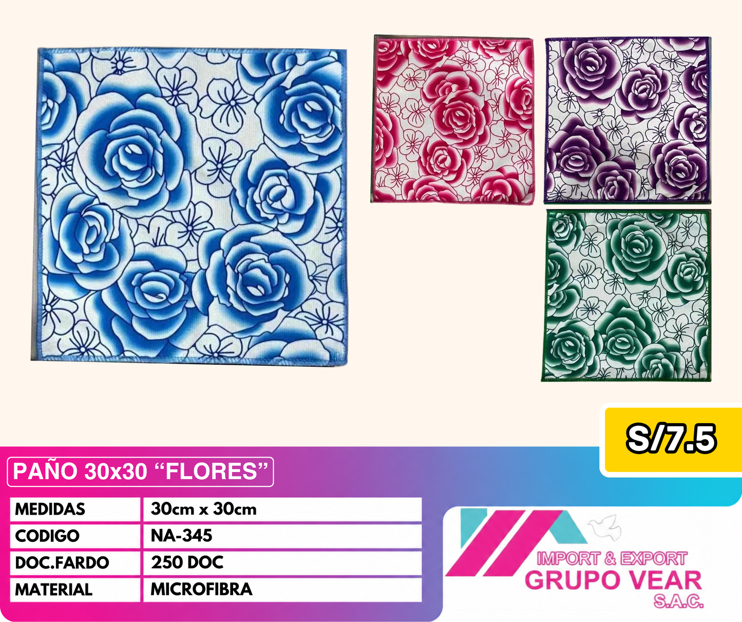 PAÑITOS 30X30 "FLORES" (250 DOC)