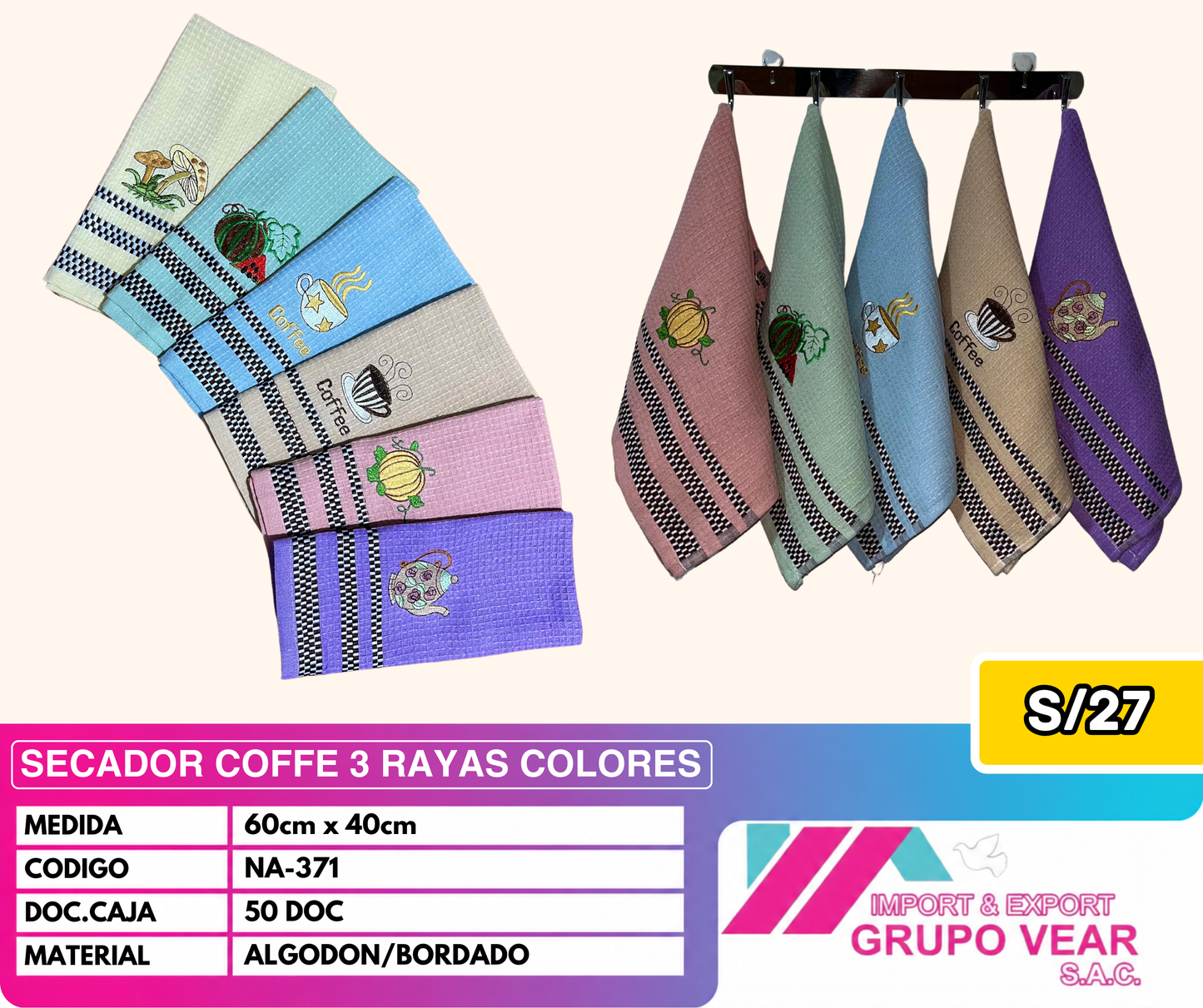 SECADOR COFFE 3 RAYAS COLORES (50 DOCENAS)