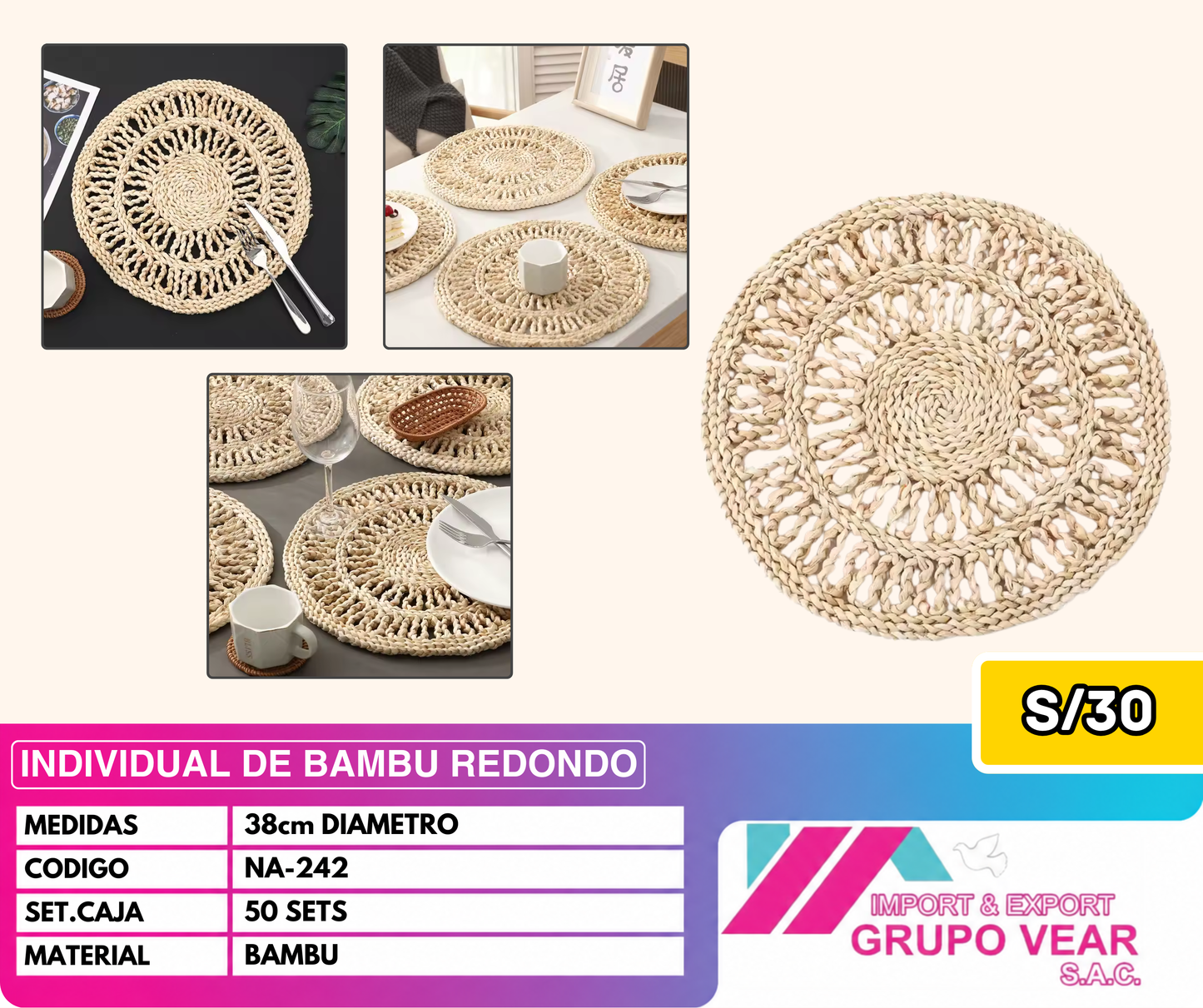 INDIVIDUAL DE BAMBU REDONDO (50SETS)