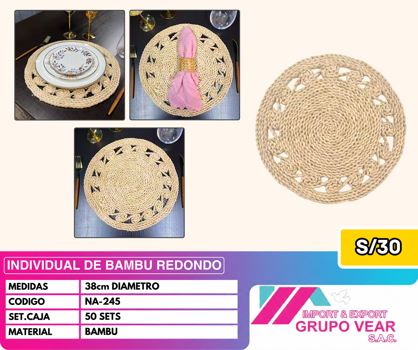 INDIVIDUAL DE BAMBU REDONDO (50 SETS)