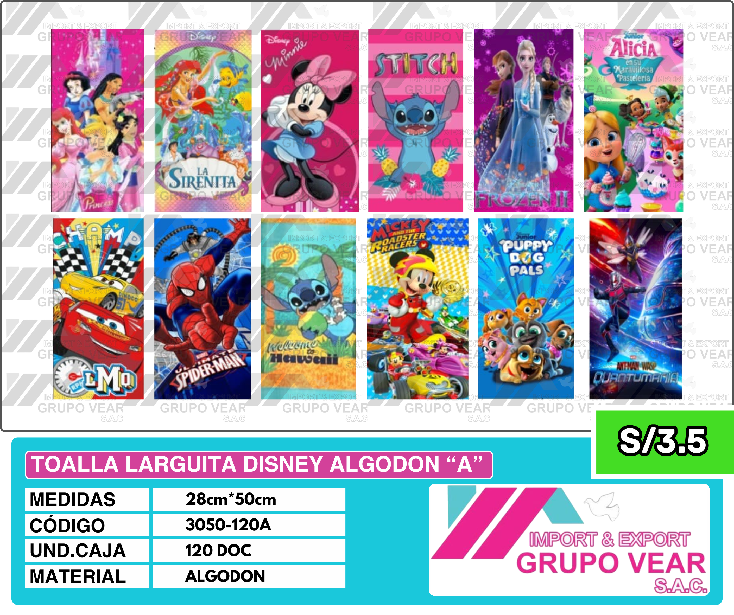 TOALLITA LARGUITA DISENY ALGODON "A" (120 DOC)