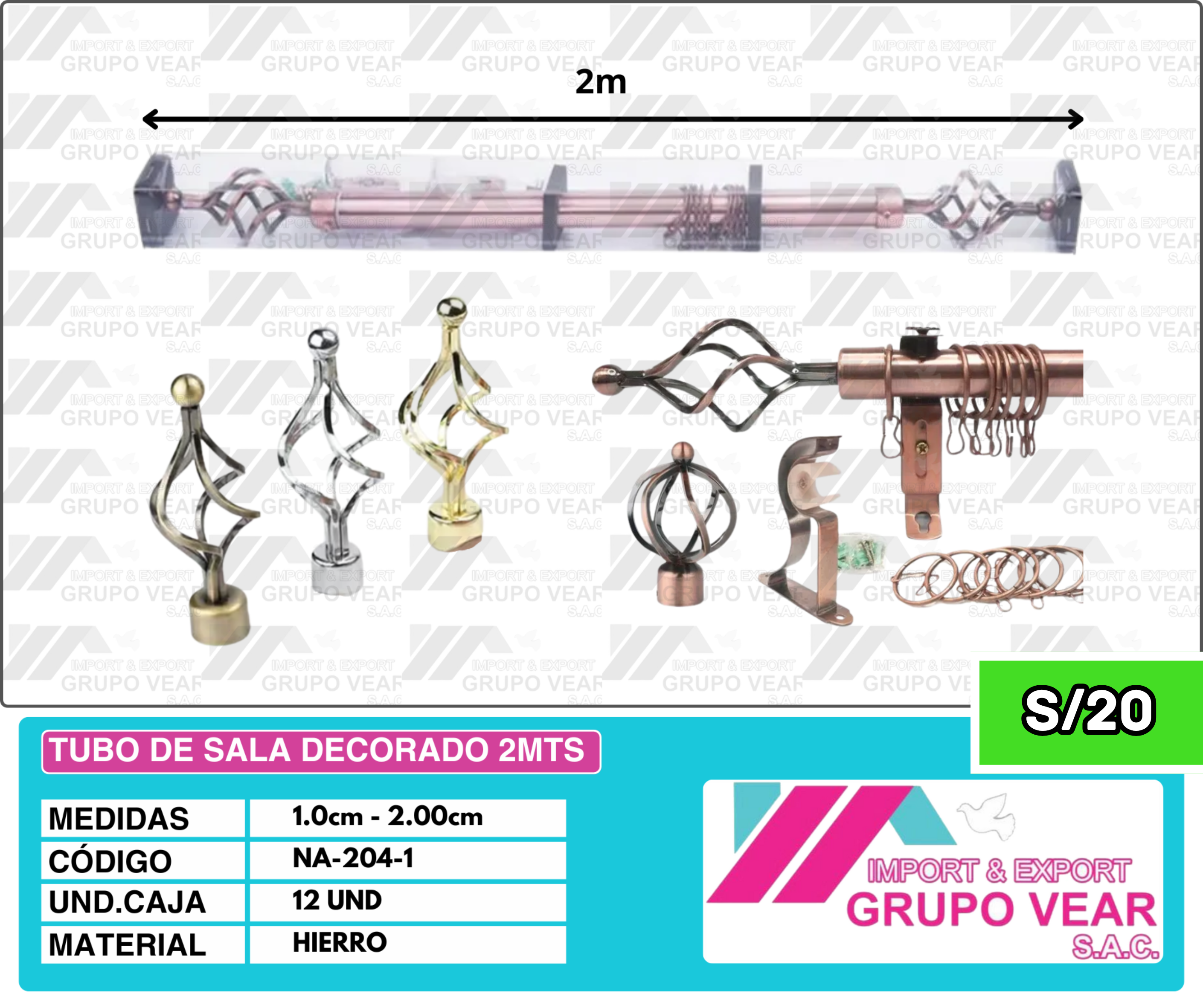 TUBO DE SALA DECORADO 2MTS (12 UNIDADES)