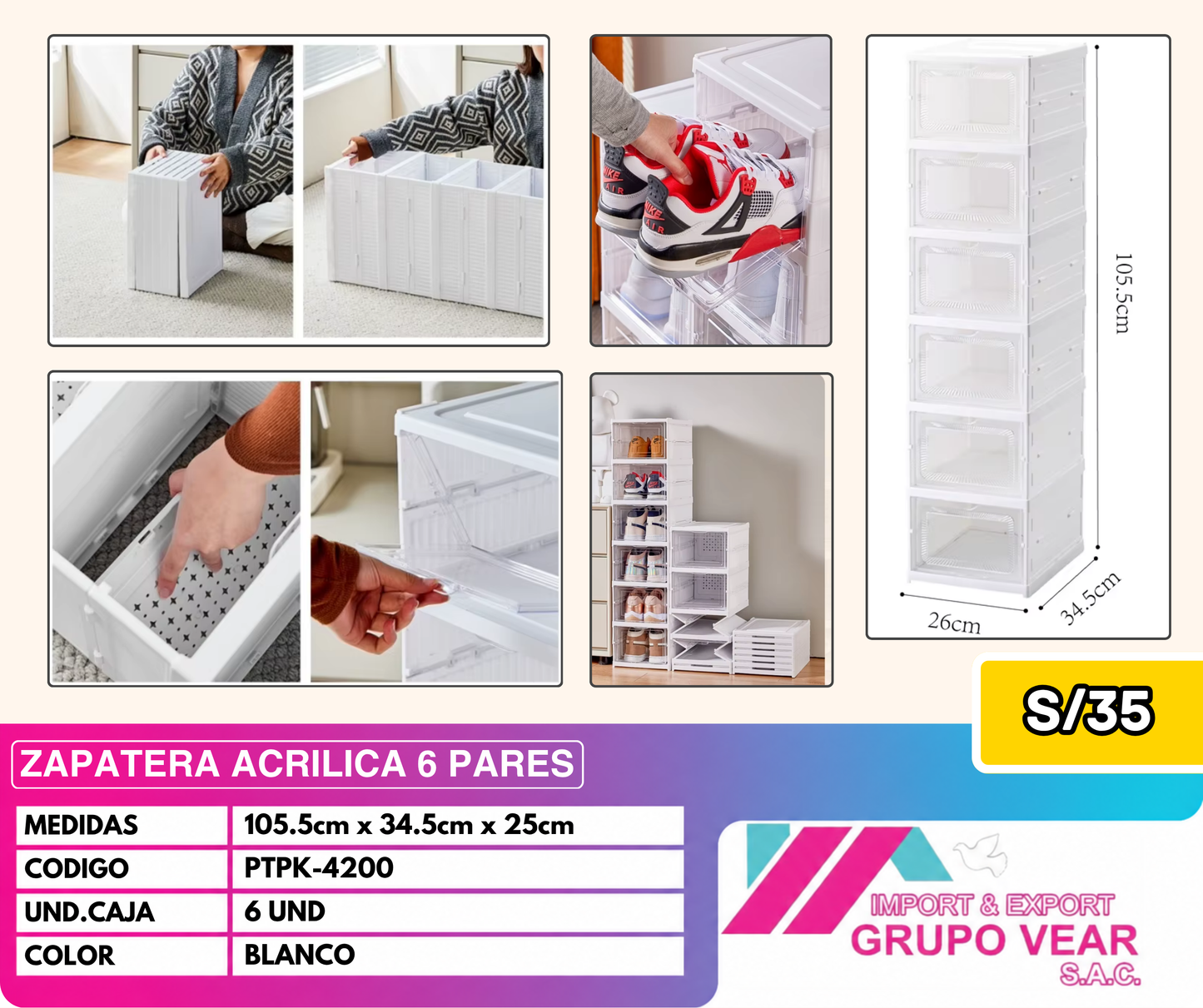 ZAPATERA ACRÍLICA 6 PARES COLOR BLANCO