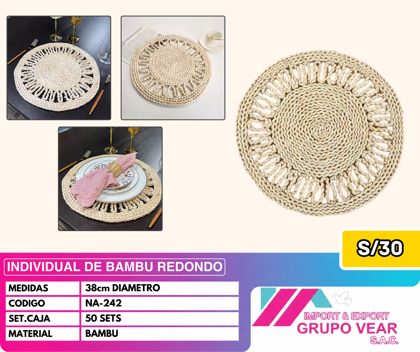 INDIVIDUAL DE BAMBU REDONDO (50 SETS)