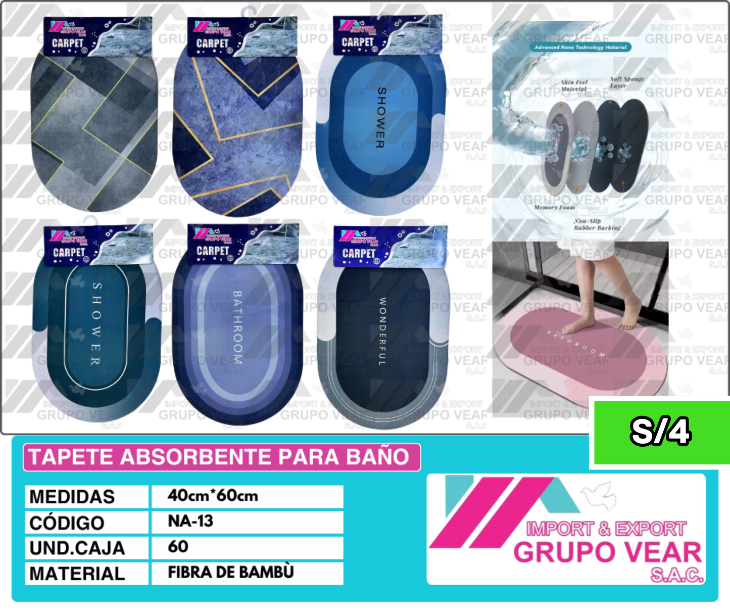 TAPETE ABSORBENTE PARA BAÑO "A" (60 UNIDADES)