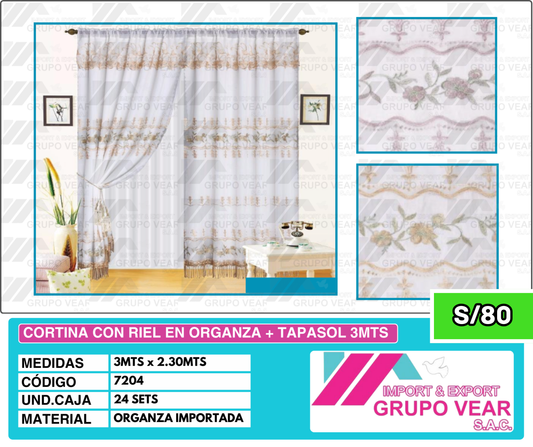 CORTINA CON RIEL EN ORGANZA + TAPASOL 3MTS (24 SETS)