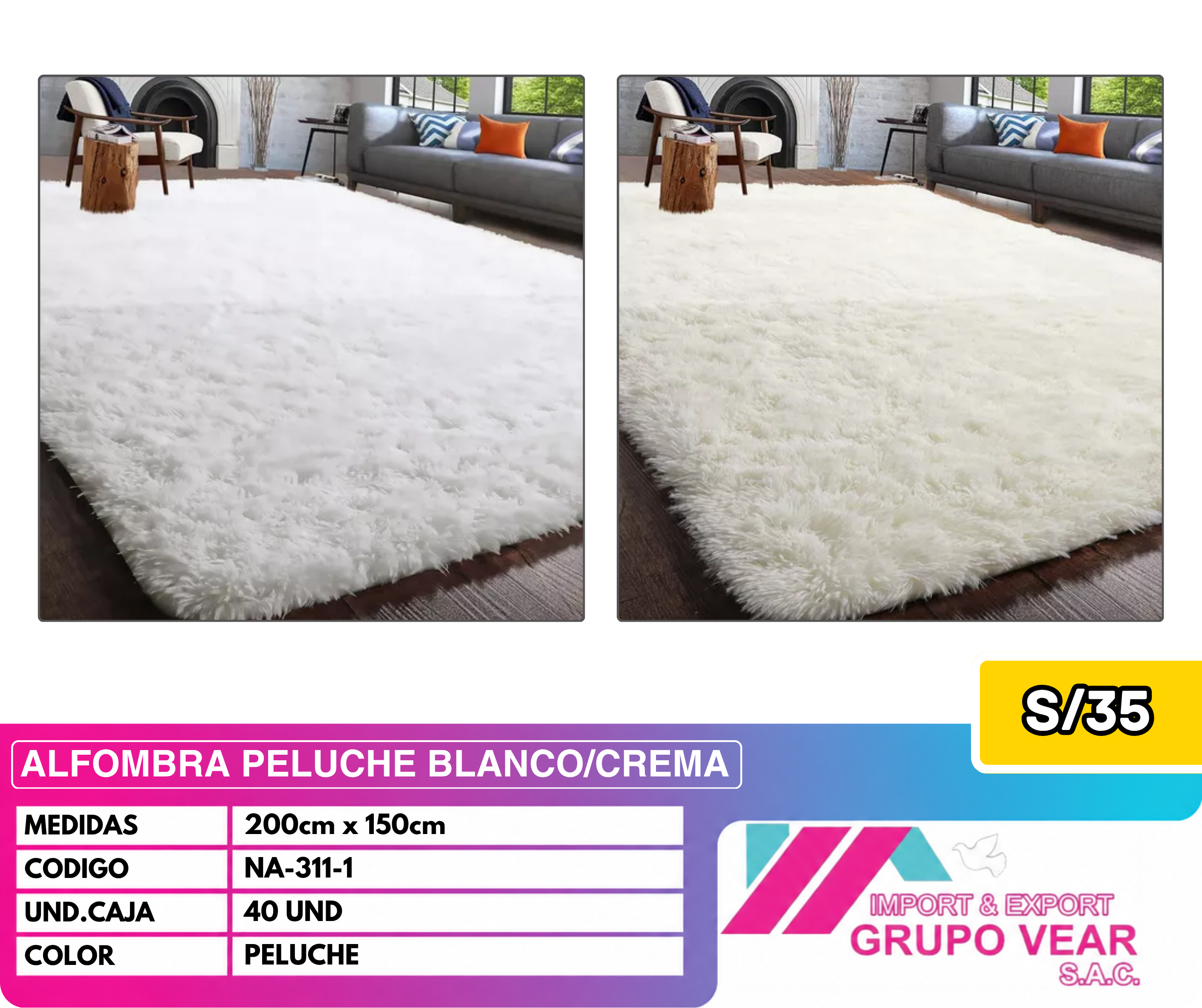 ALFOMBRA PELUCHE BLANCO/CREMA (40 UNIDADES)