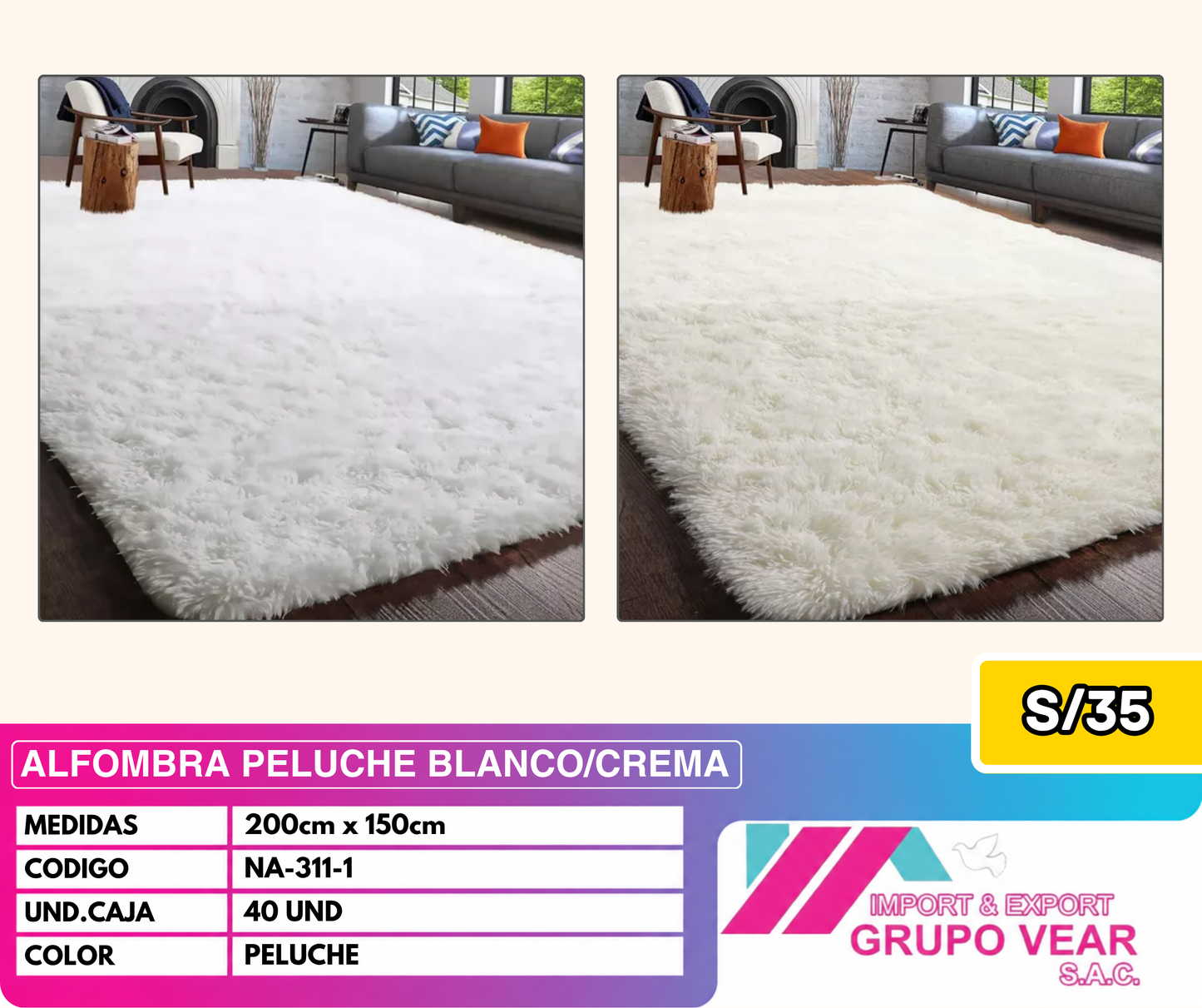 ALFOMBRA PELUCHE BLANCO/CREMA (40 UNIDADES)