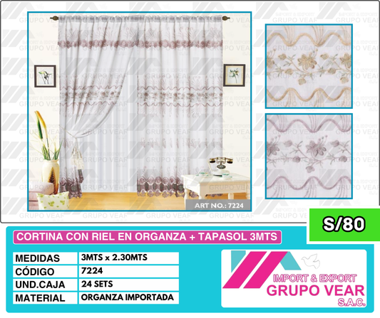 CORTINA CON RIEL EN ORGANZA + TAPASOL 3MTS (24 SETS)