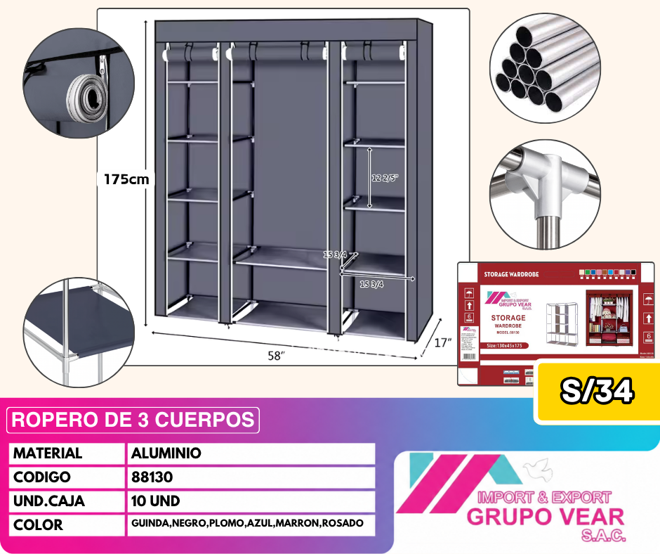 ROPERO DE 3 CUERPOS LISO (10 UNIDADES)