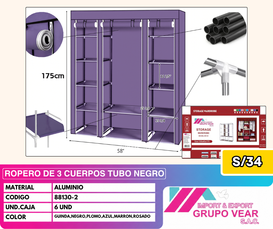 ROPERO DE 3 CUERPOS TUBO NEGRO LABRADO (6 UND)