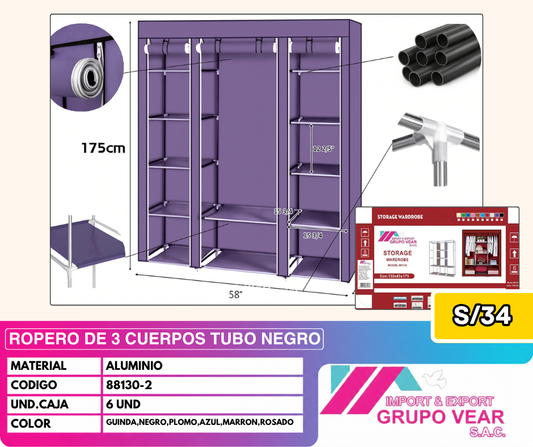 ROPERO DE 3 CUERPOS TUBO NEGRO LABRADO (6 UND)