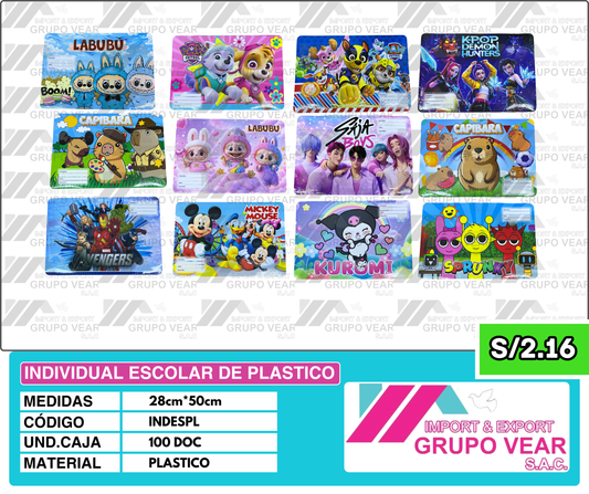 INDIVIDUAL ESCOLAR DE PLASTICO (100 DOC)