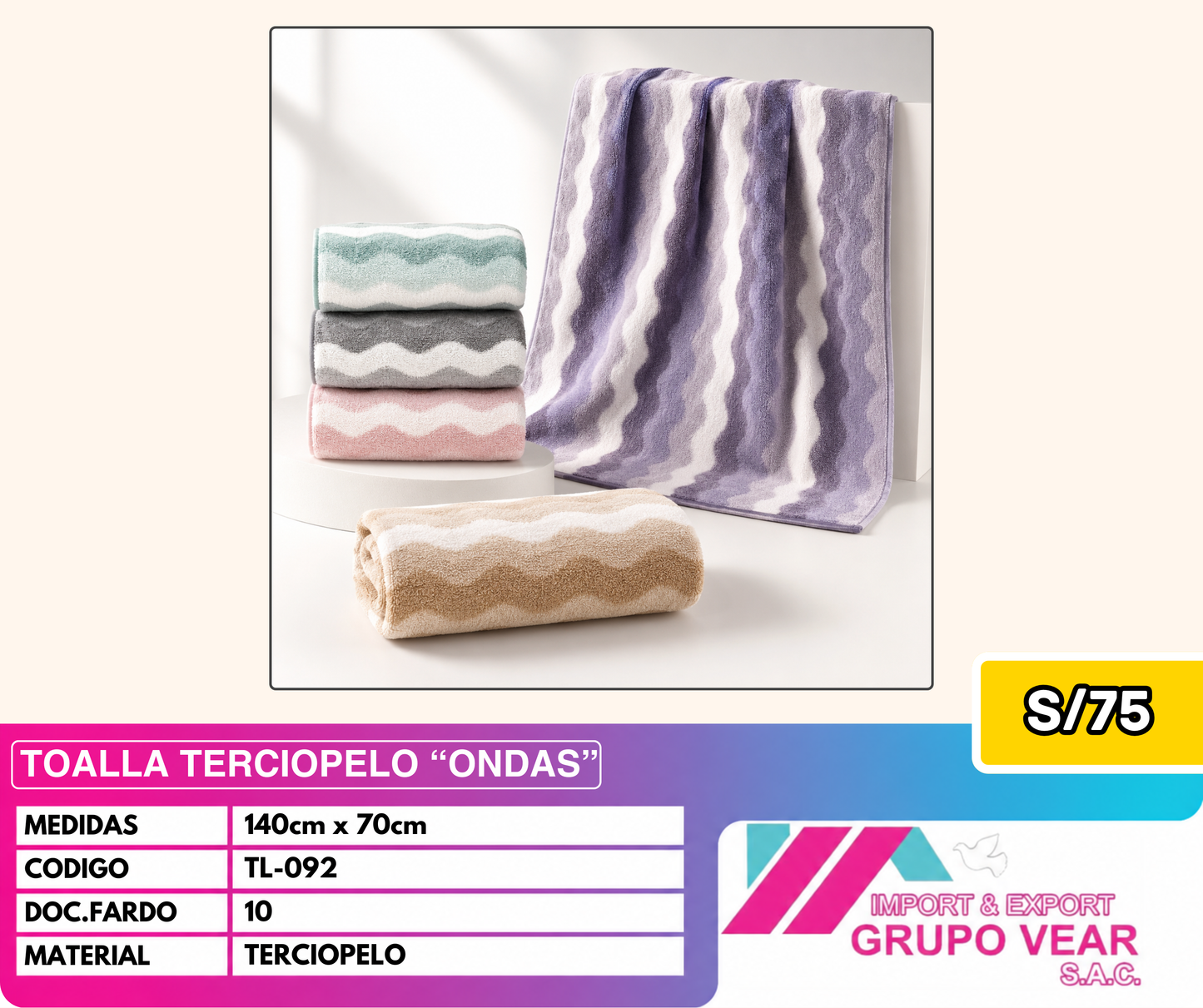 TOALLA TERCIOPELO "ONDAS" (10 DOC)
