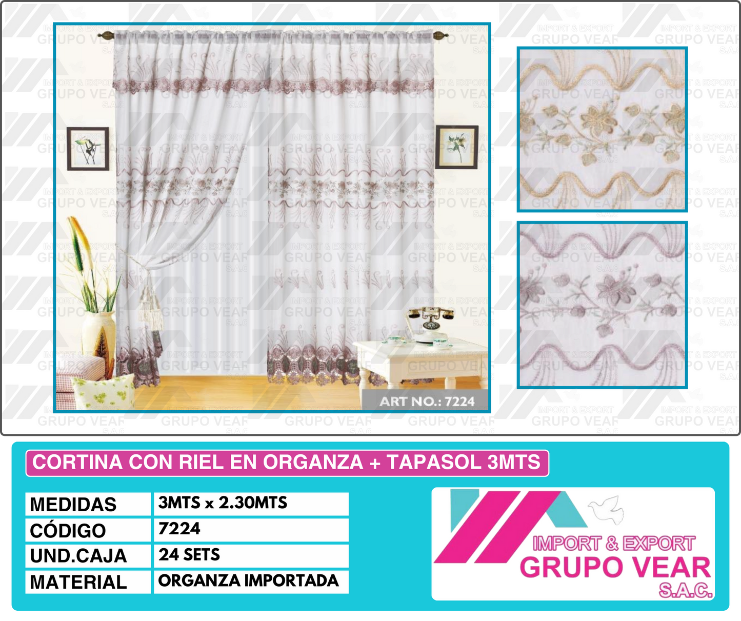 CORTINA CON RIEL EN ORGANZA + TAPASOL 3MTS (24 SETS)