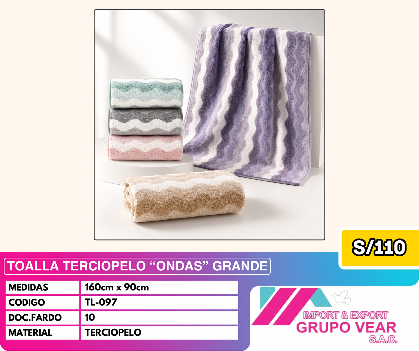 TOALLA TERCIOPELO "ONDAS" GRANDE (10 DOC)