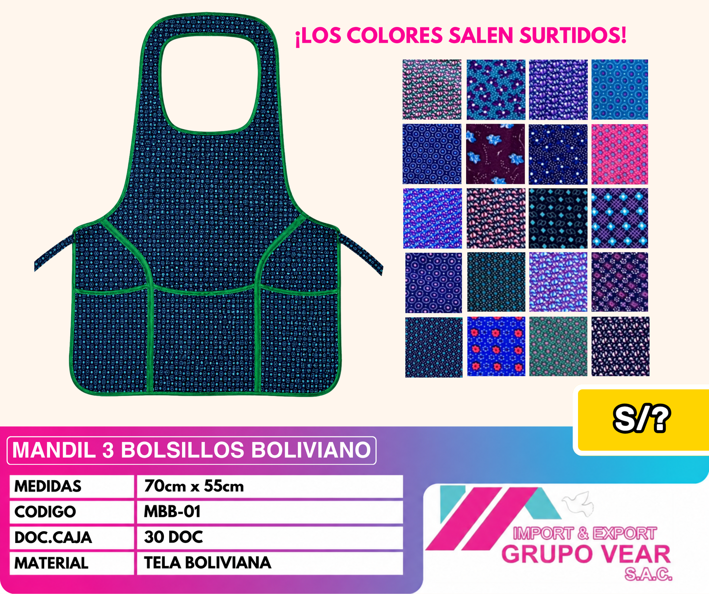 MANDIL 3 BOLSILLOS BOLIVIANO (30 DOC)