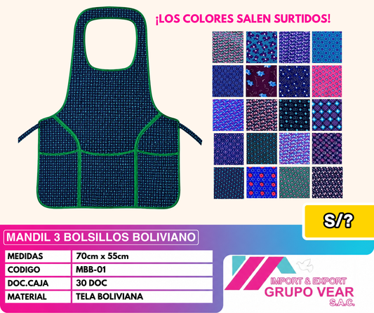 MANDIL 3 BOLSILLOS BOLIVIANO (30 DOC)