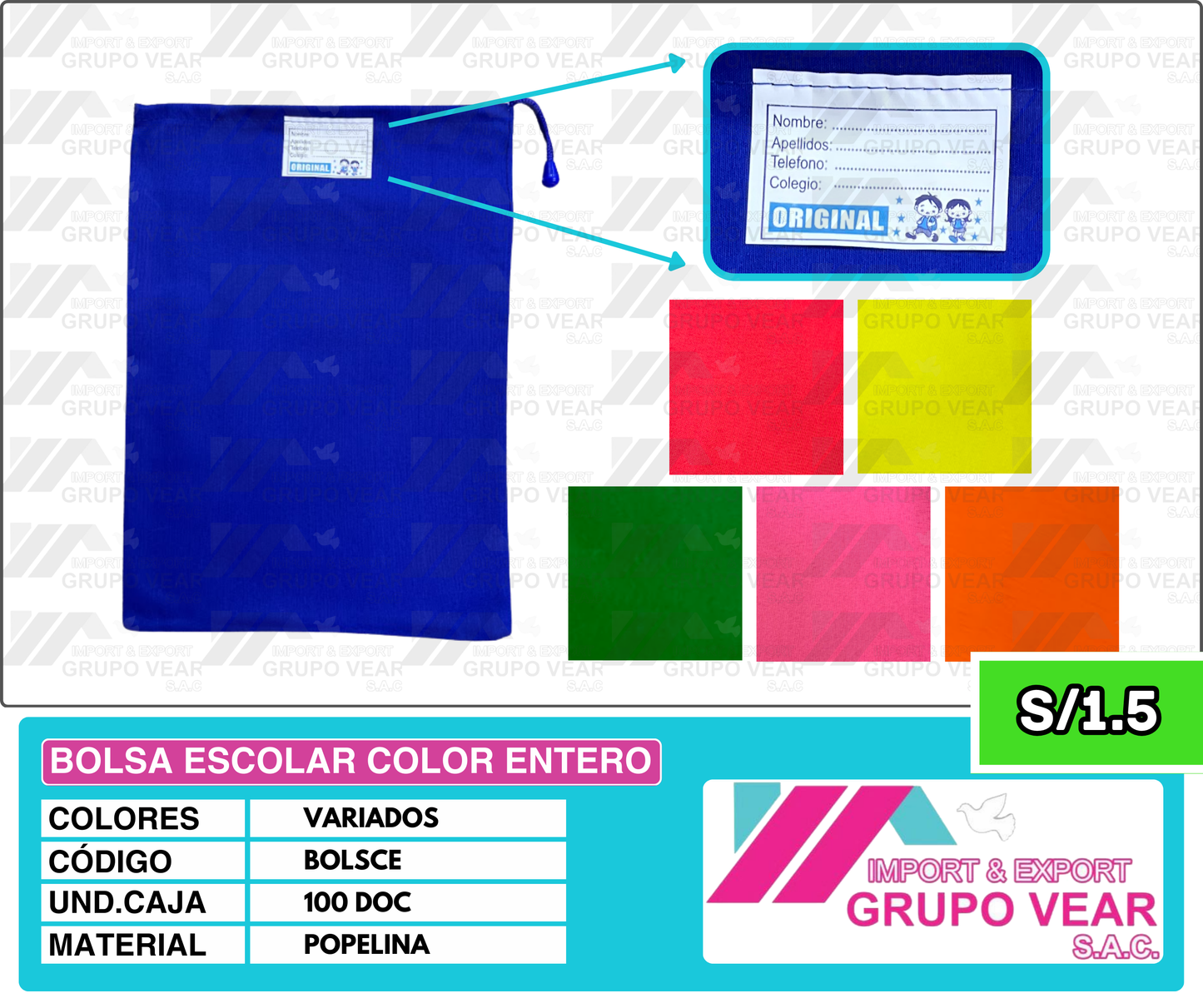BOLSA ESCOLAR COLOR ENTERO (100 DOC)