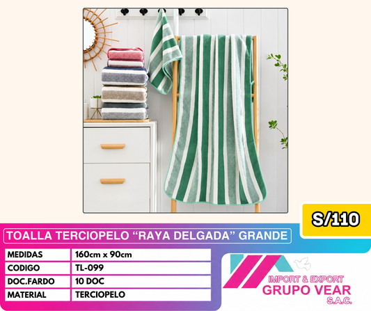 TOALLA TERCIOPELO "RAYA DELGADA" GRANDE (10 DOC)