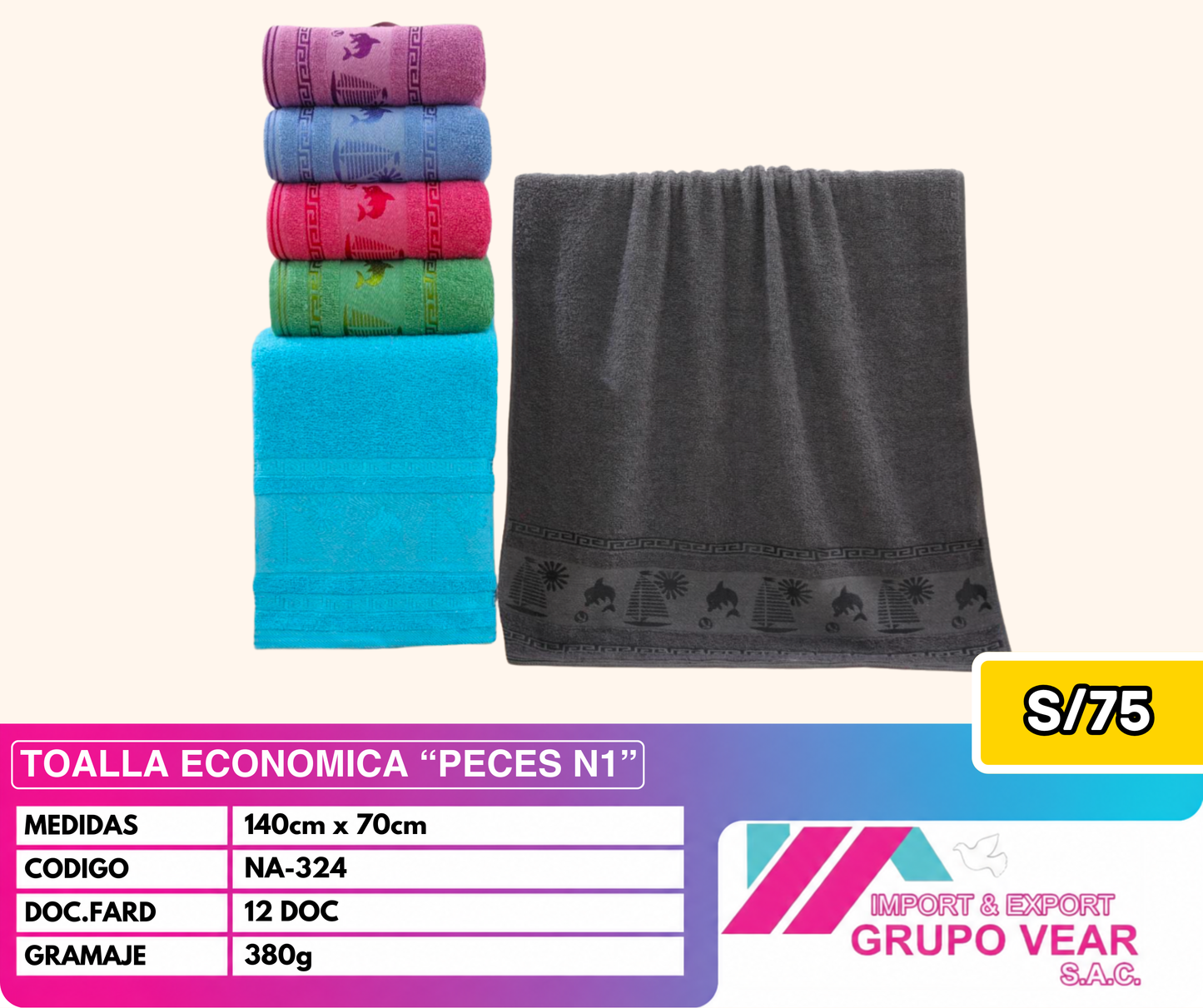 TOALLA ECONOMICA "PECES N1" (12 DOCENAS)