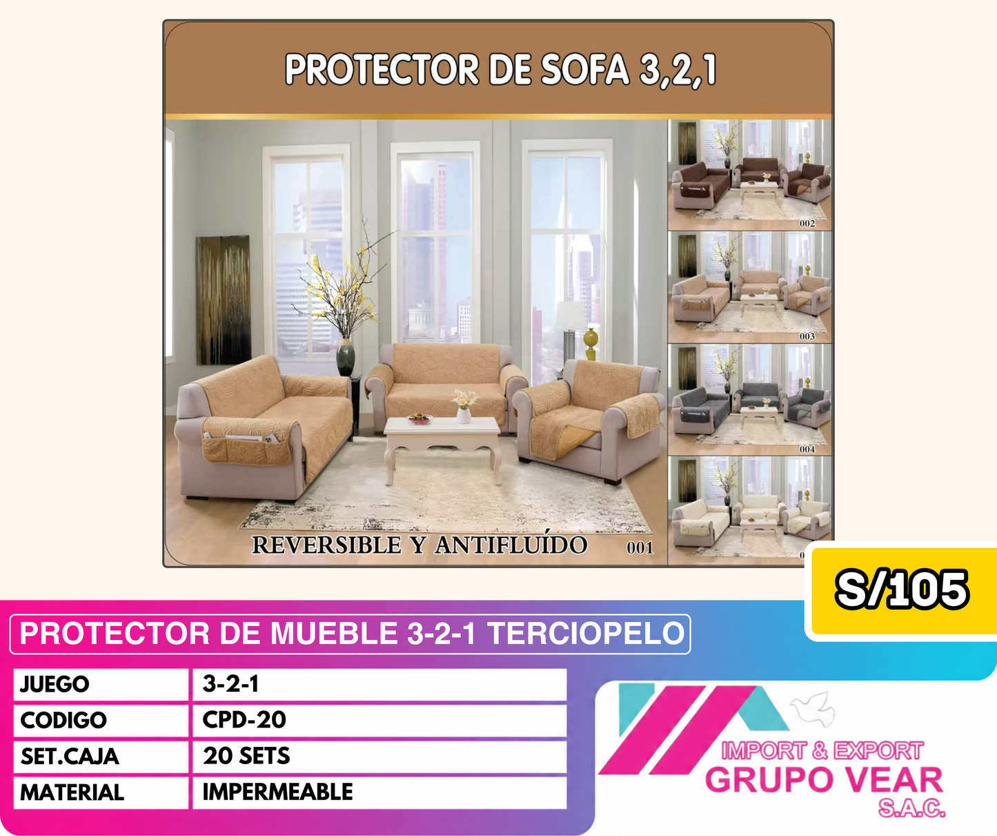 PROTECTOR DE MUEBLE 3-2-1 TERCIOPELO (20SETS)