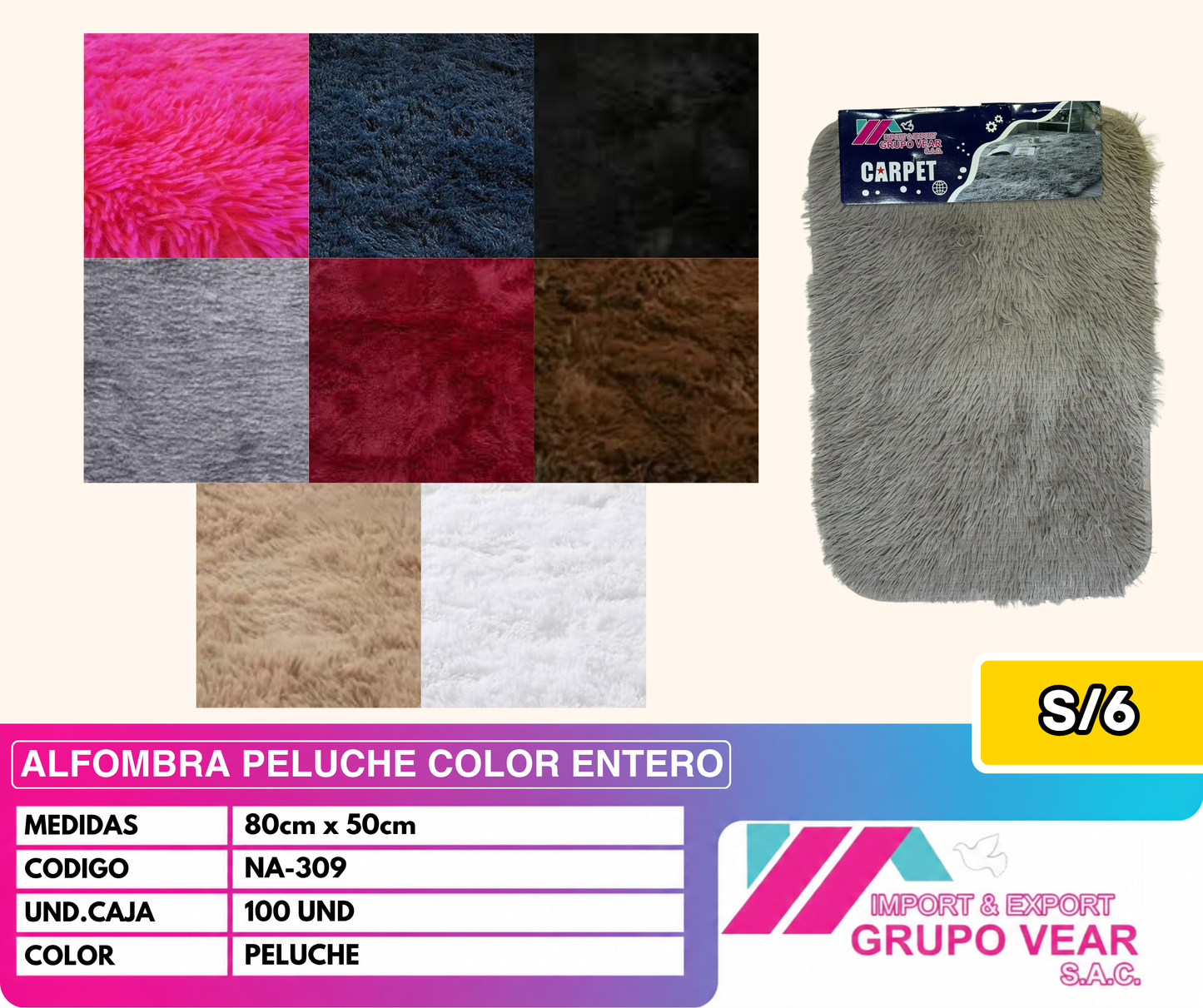 ALFOMBRA PELUCHE COLOR ENTERO 80X50 (100 UNIDADES)