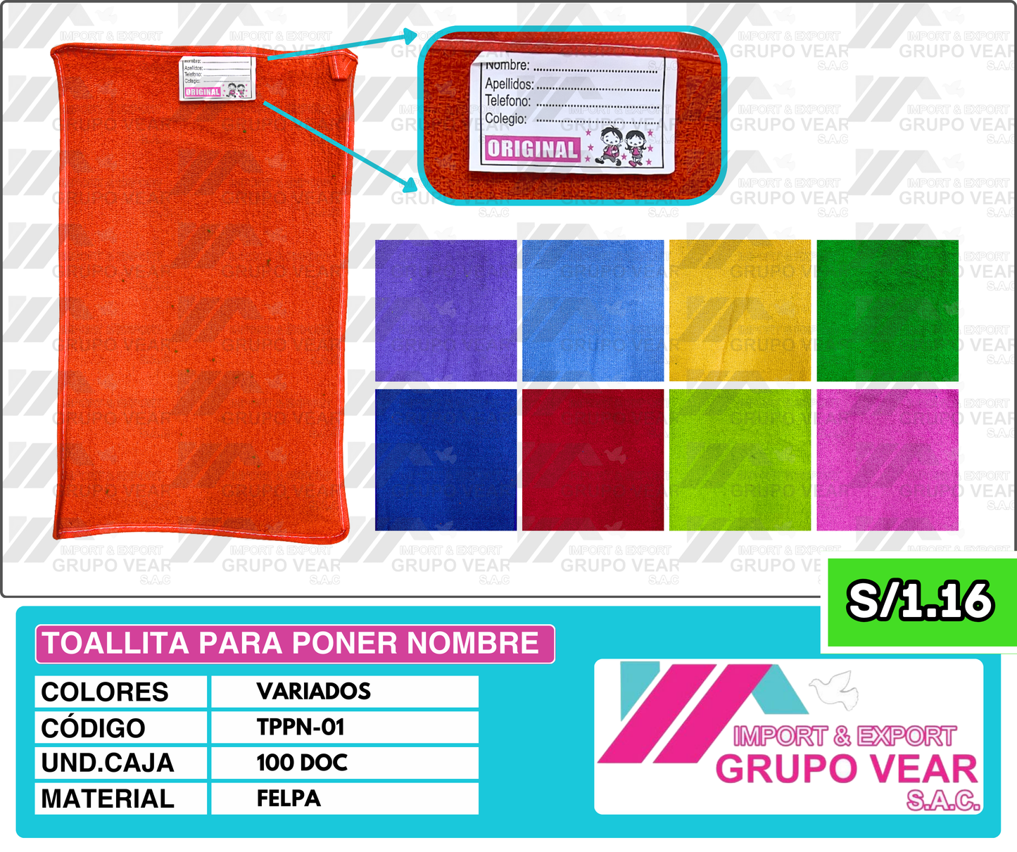 TOALLITA PARA PONER NOMBRE (100 DOC)