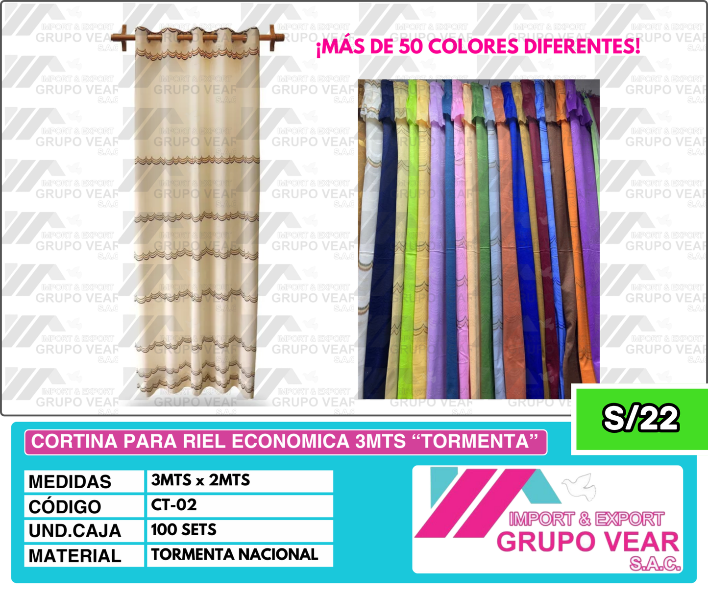 CORTINA PARA RIEL ECONÓMICA 3MTS "TORMENTA" (100 SETS)