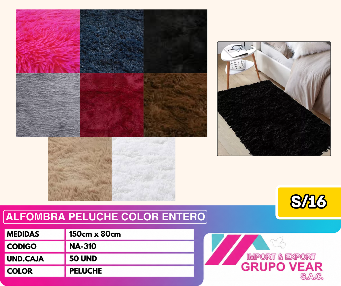 ALFOMBRA PELUCHE COLOR ENTERO 150X80 (50 UNIDADES)