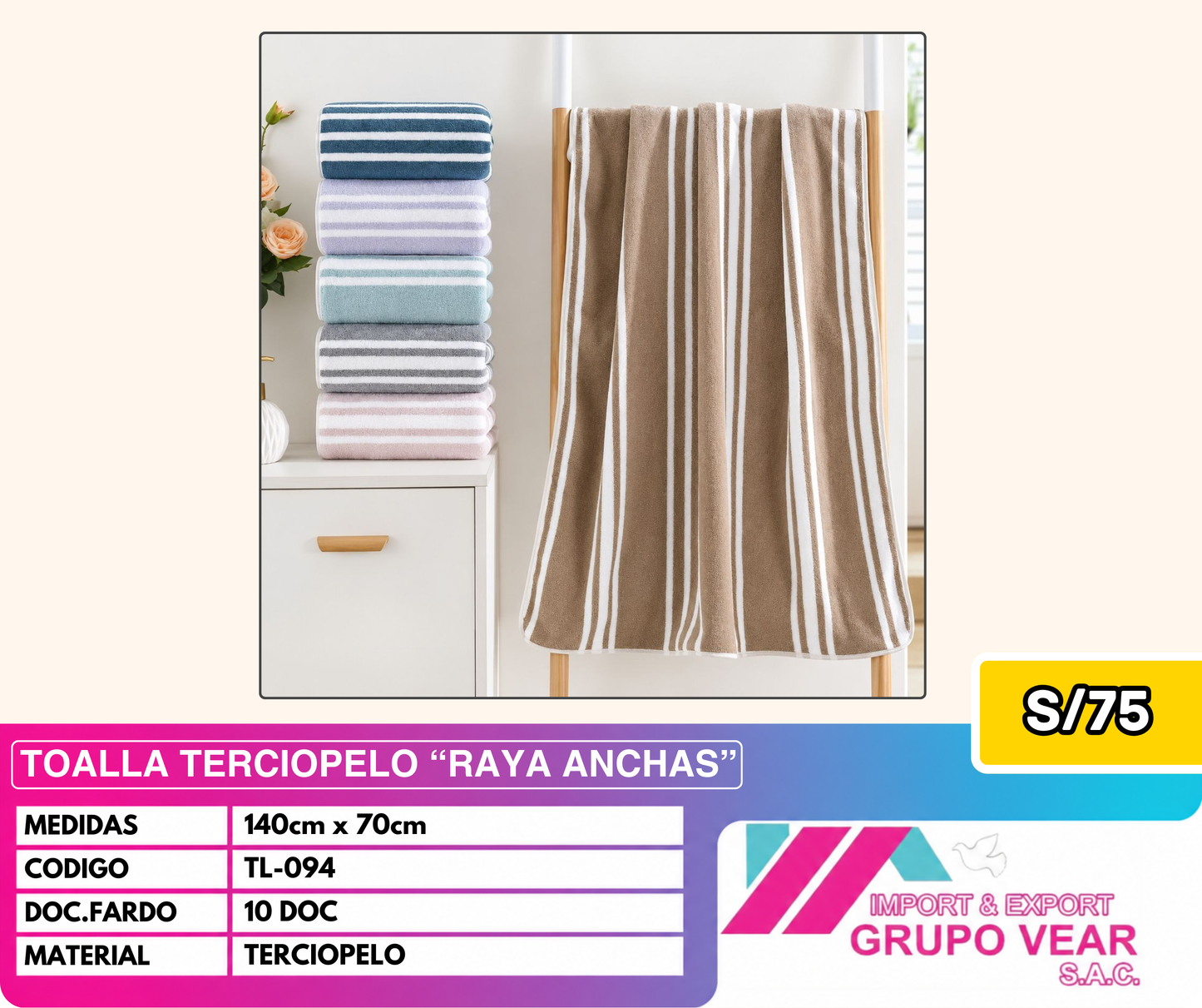 TOALLA TERCIOPELO "RAYAS ANCHAS" (10 DOC)