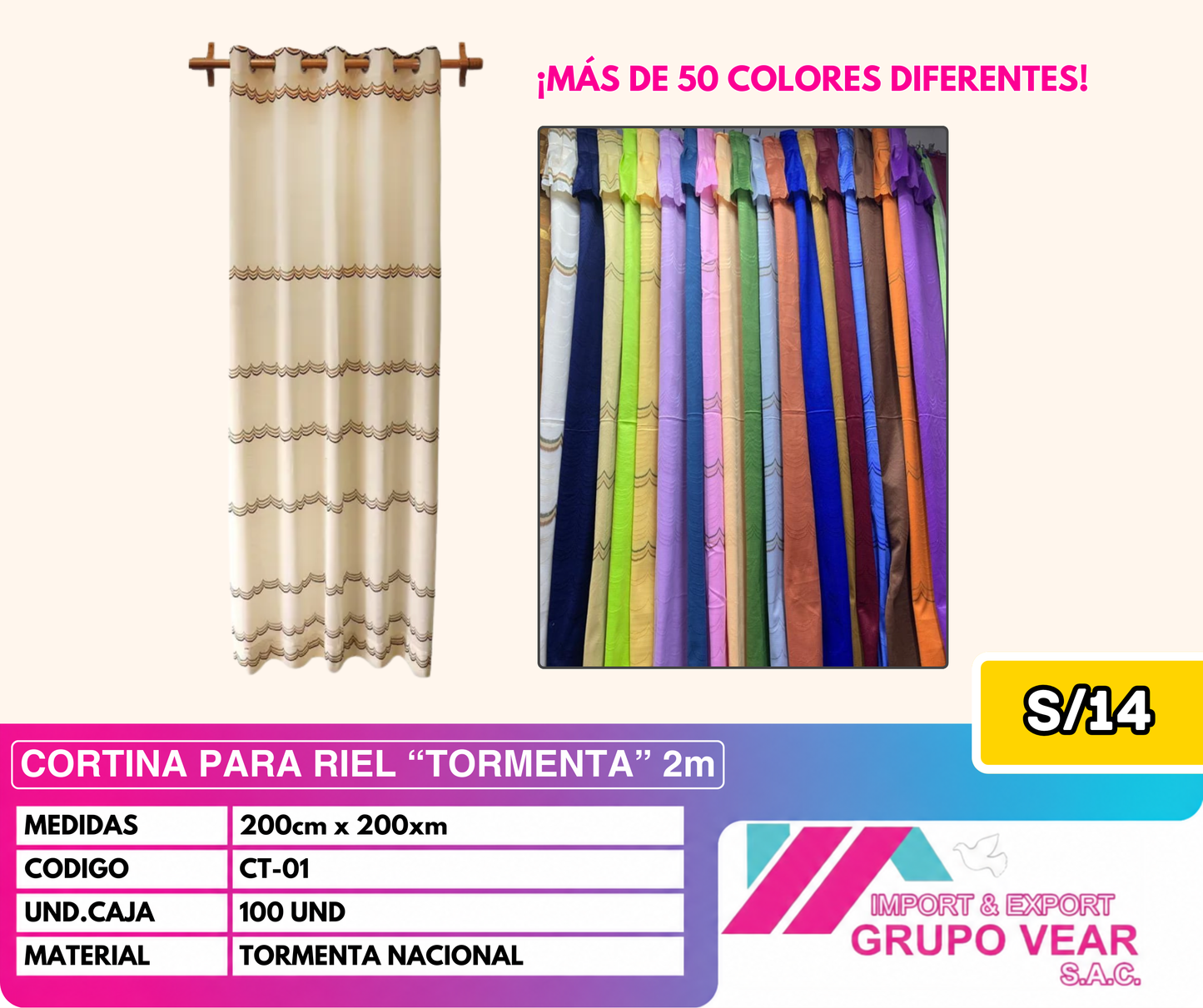 CORTINA PARA RIEL ECONÓMICA 2MTS "TORMENTA" (100 SETS)