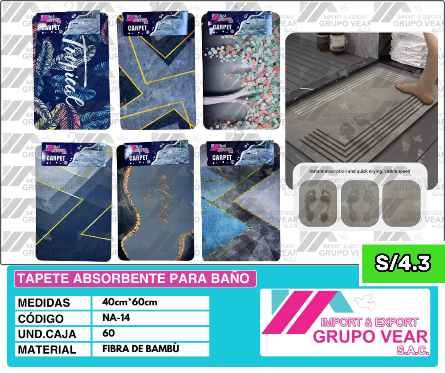 TAPETE ABSORBENTE PARA BAÑO "B" (60 UNIDADES)