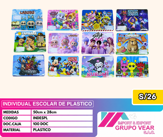 INDIVIDUAL ESCOLAR DE PLASTICO (100 DOC)
