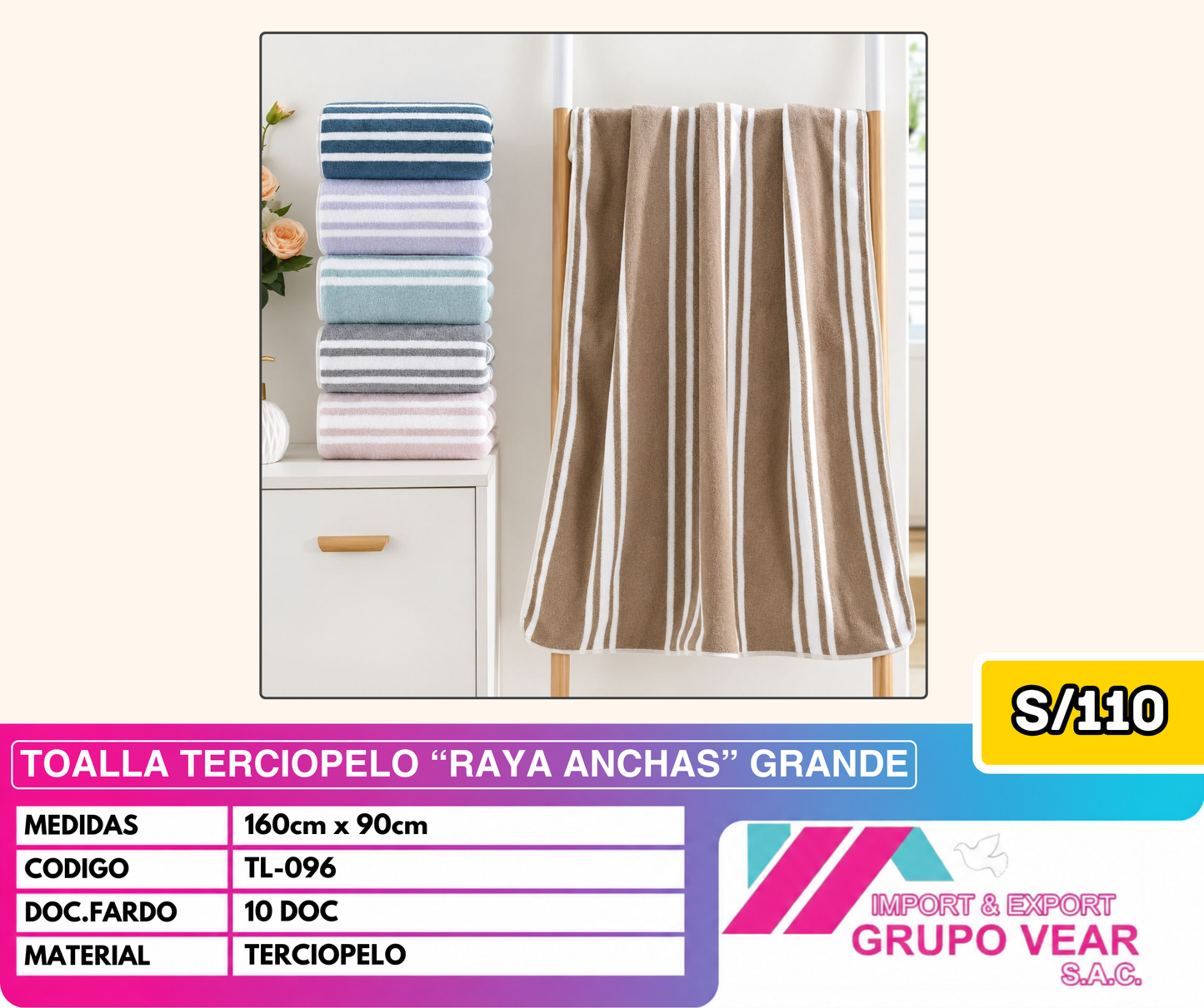 TOALLA TERCIOPELO "RAYAS ANCHAS" GRANDE (10 DOC)