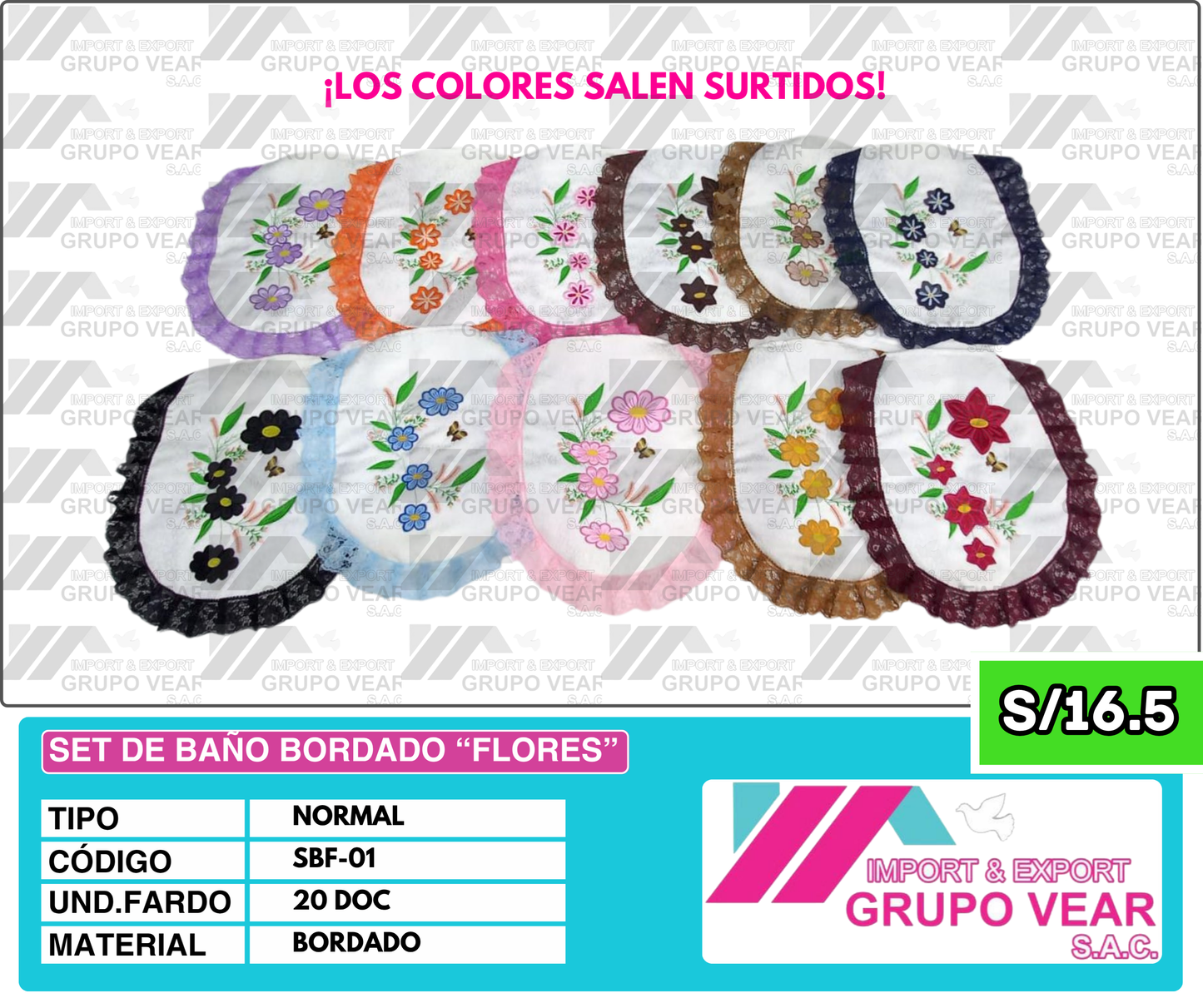 SET DE BAÑO BORDADO FORMA DE "FLORES" (20 DOC)