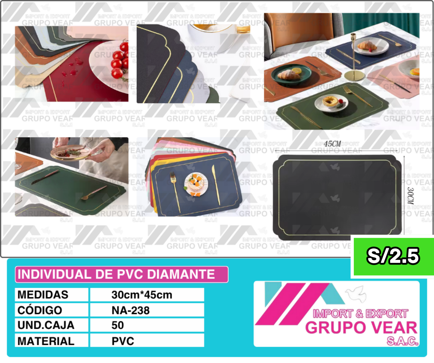 INDIVIDUAL DE PVC DIAMANTE (50 SETS)