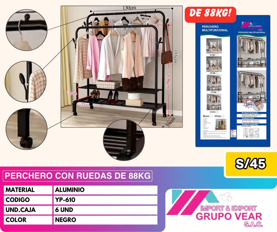 PERCHERO CON RUEDAS DE 2 NIVELES DE 88KG (6 UNIDADES)