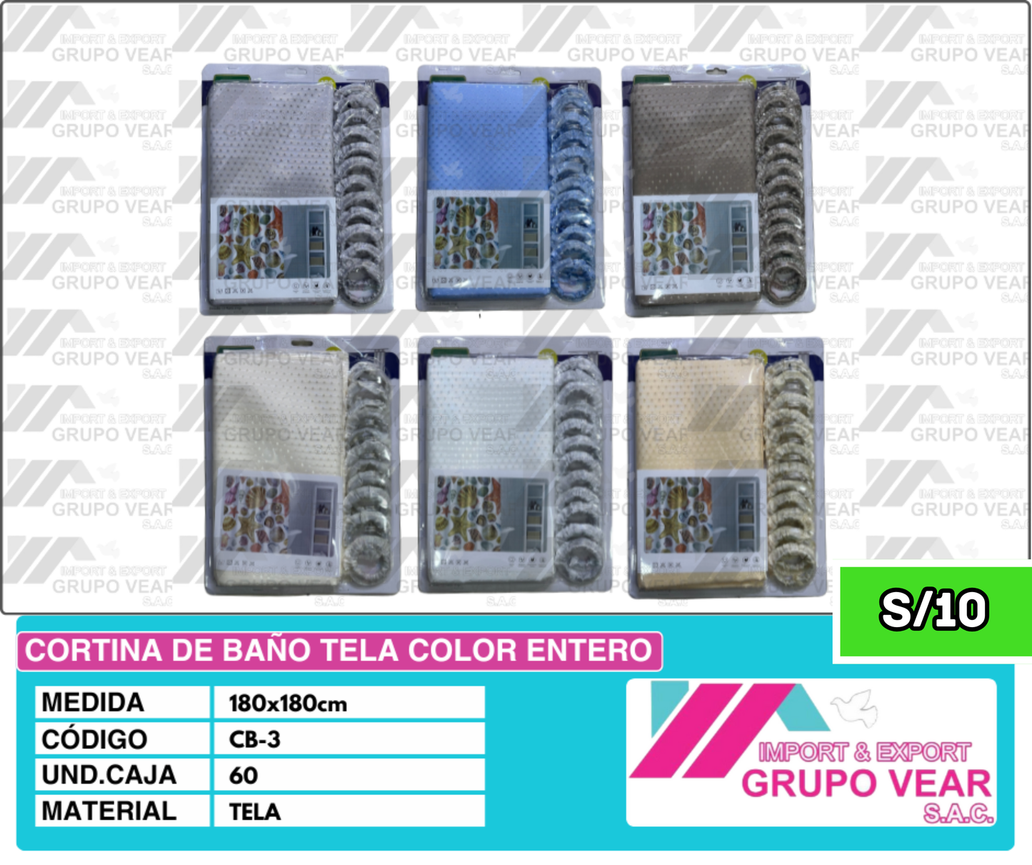 CORTINA DE BAÑO TELA COLOR ENTERO (60 UNIDADES)