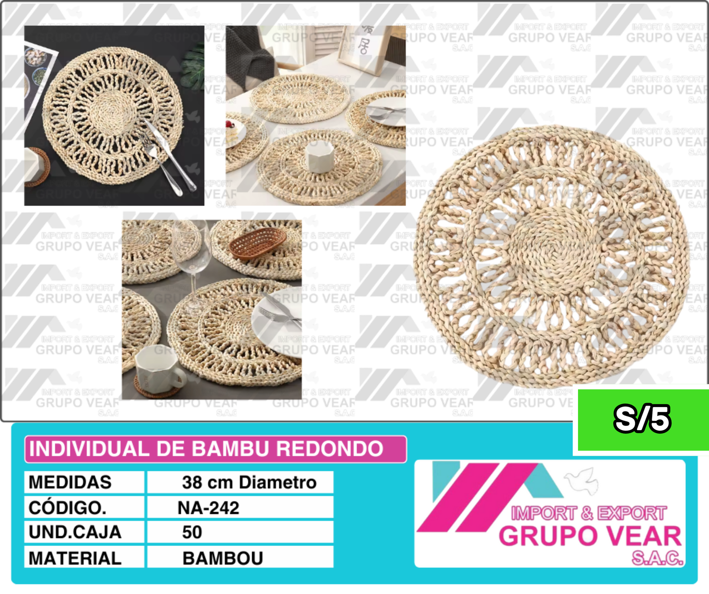 INDIVIDUAL DE BAMBU REDONDO (50 SETS)