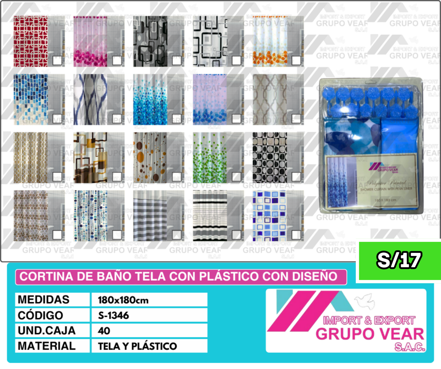 CORTINA DE BAÑO TELA CON PLASTICO CON DISEÑO (40 UNIDADES)