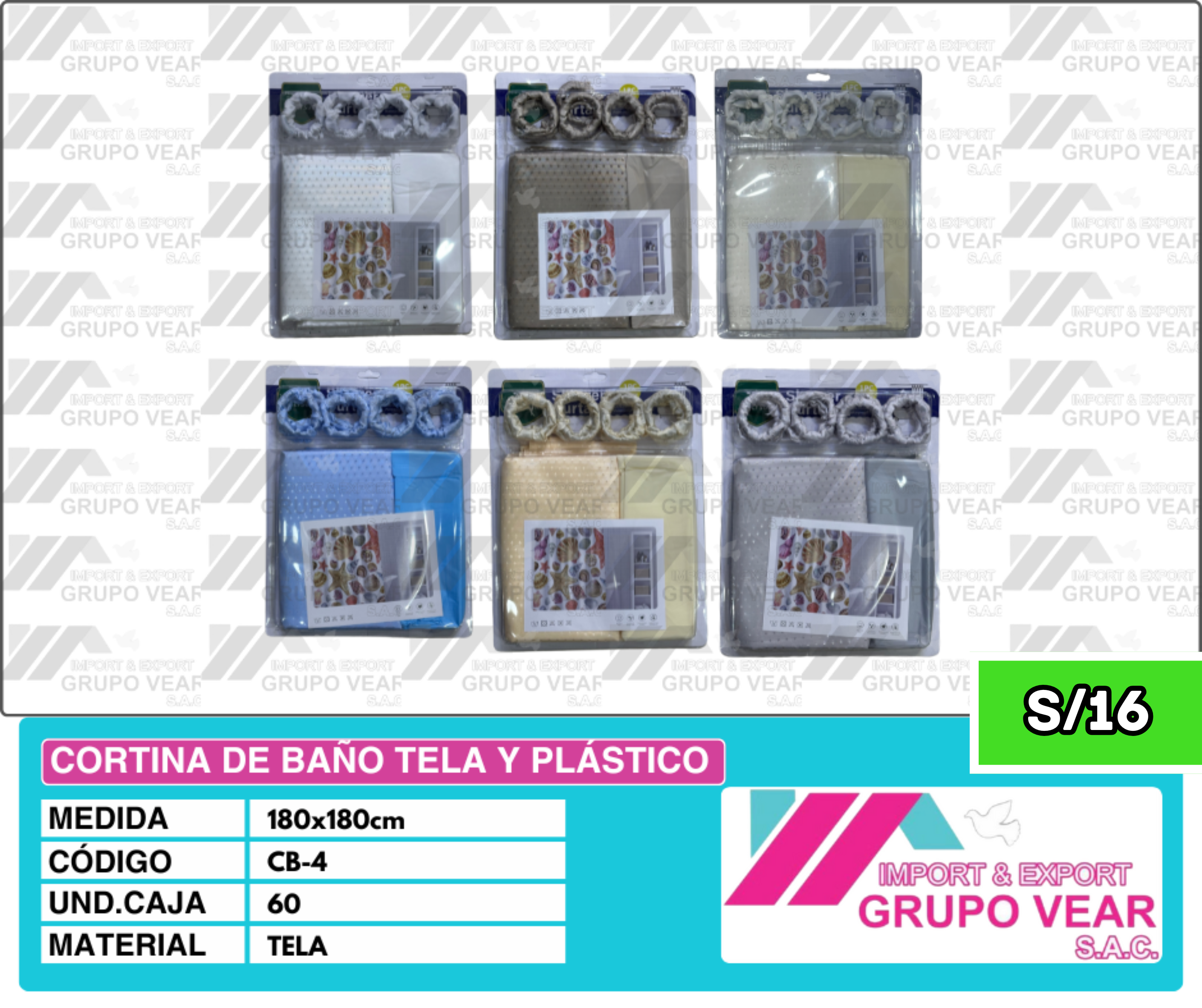 CORTINA DE BAÑO TELA Y PLASTICO (60 UNIDADES)
