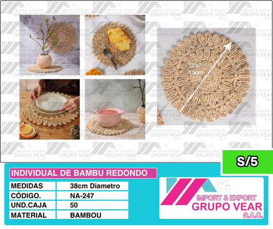 INDIVIDUAL DE BAMBU REDONDO (50 SETS)
