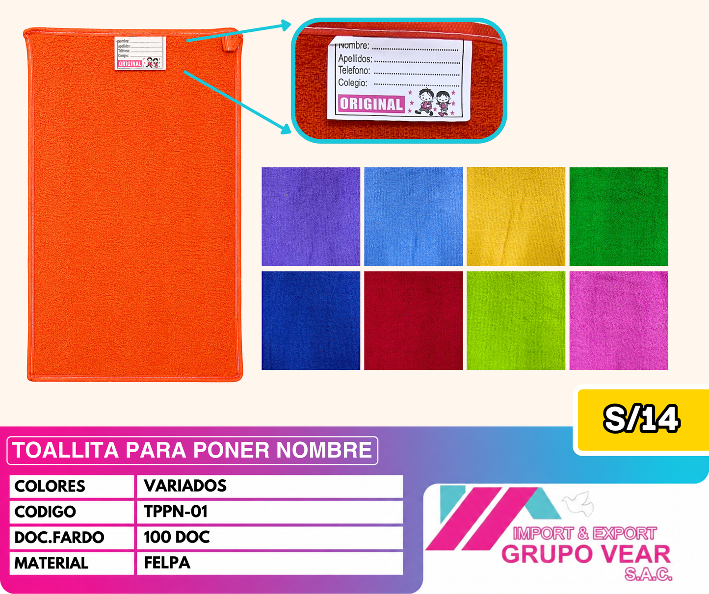 TOALLITA PARA PONER NOMBRE (100 DOC)
