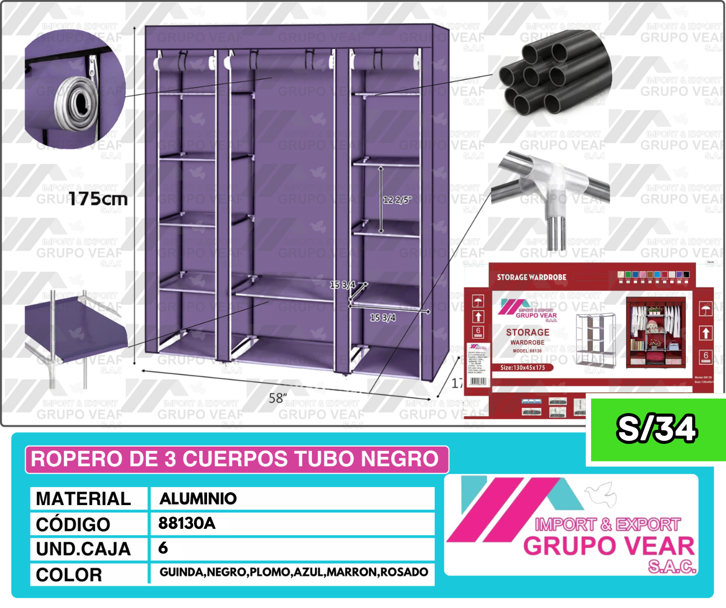 ROPERO DE 3 CUERPOS TUBO NEGRO LABRADO (6 UND)